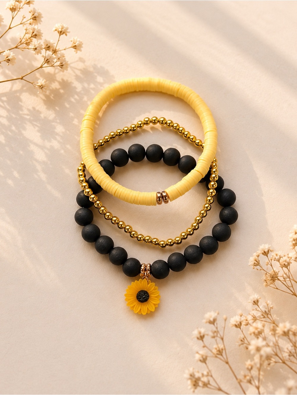 Handmade Yellow and Black Beaded Sunflower Stack Bracelet Set
